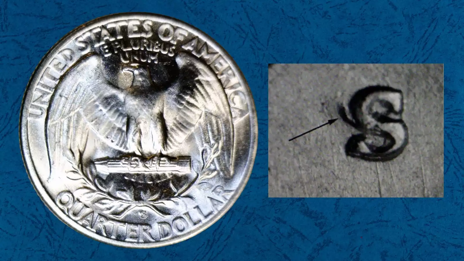 Side-by-side comparison of normal 1945-S Washington Quarter obverse vs the 1945-S DDO FS-101 doubled die variety showing doubling in the motto and date