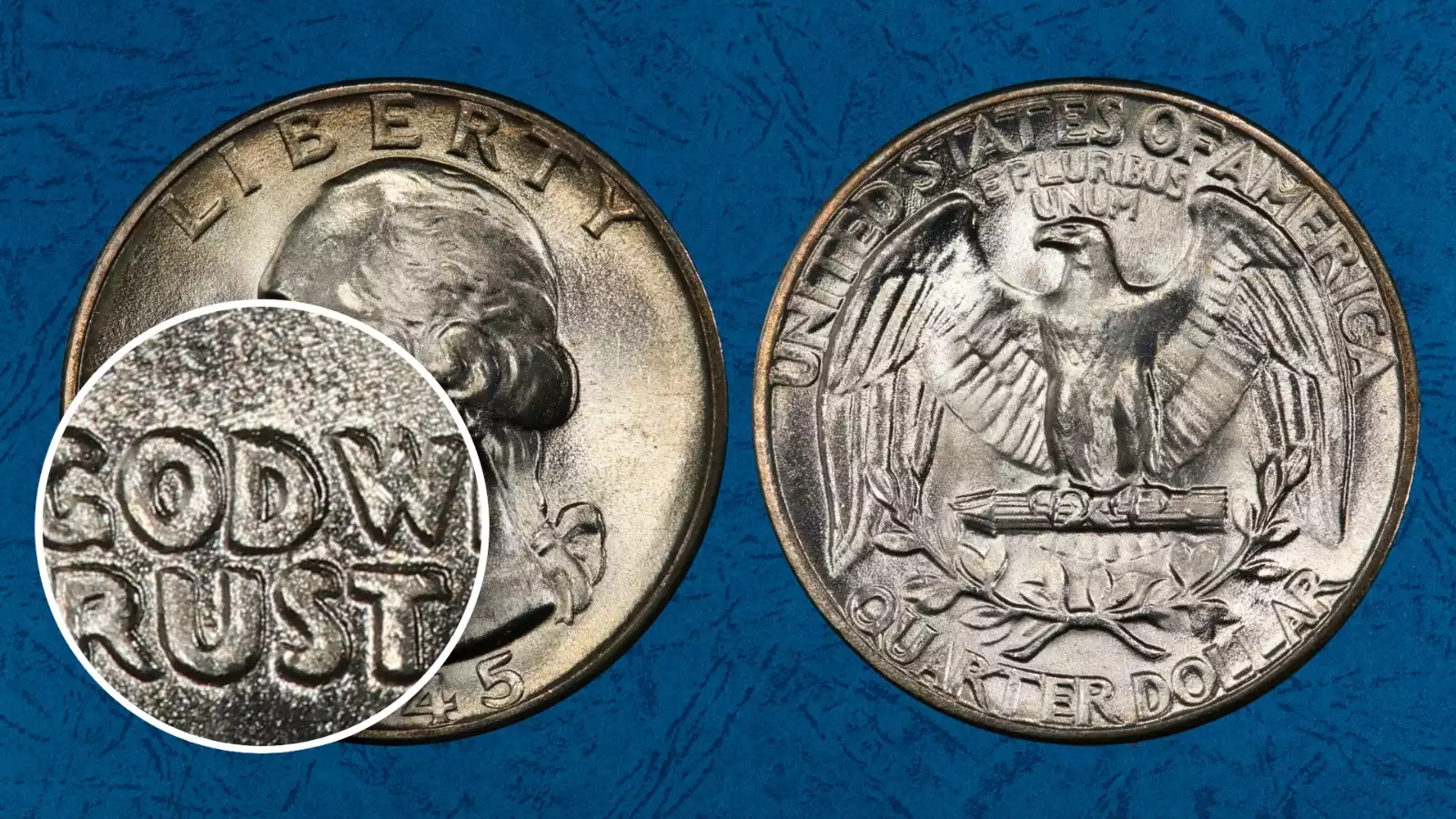 1945-P DDO FS-101 (FS-018) doubled die obverse close-up showing motto doubling on 1945 Philadelphia Washington Quarter
