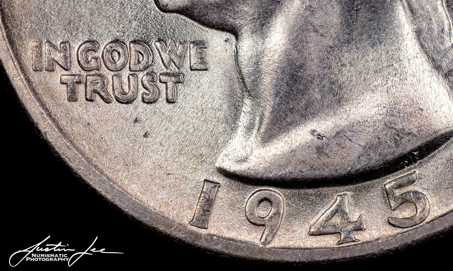 1945-S DDO FS-102 doubled die obverse close-up showing subtle Washington profile doubling on the rarest 1945-S Washington Quarter variety