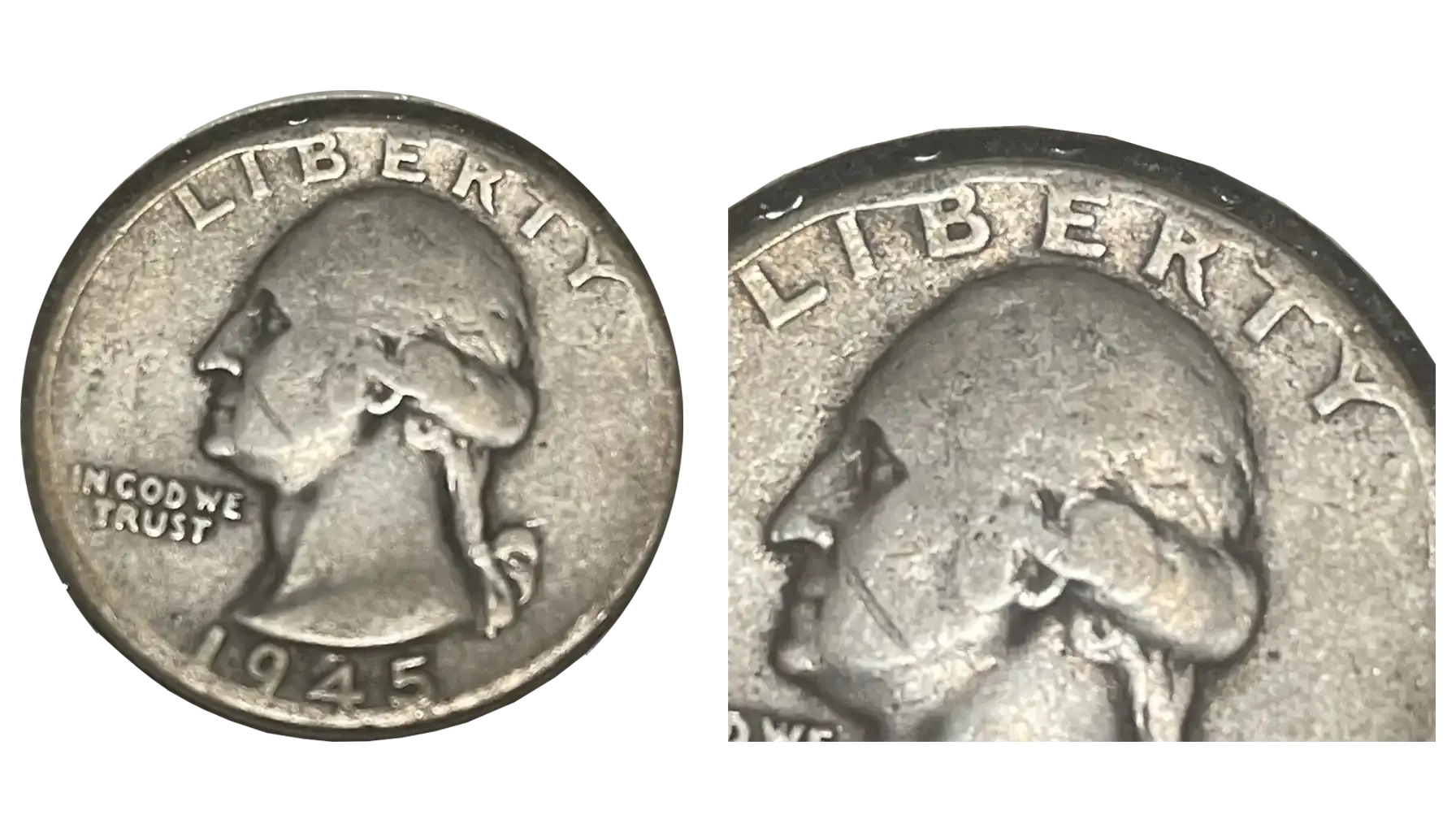 1945 Washington Quarter mint errors showing an off-center strike (left) and a curved clipped planchet error (right)