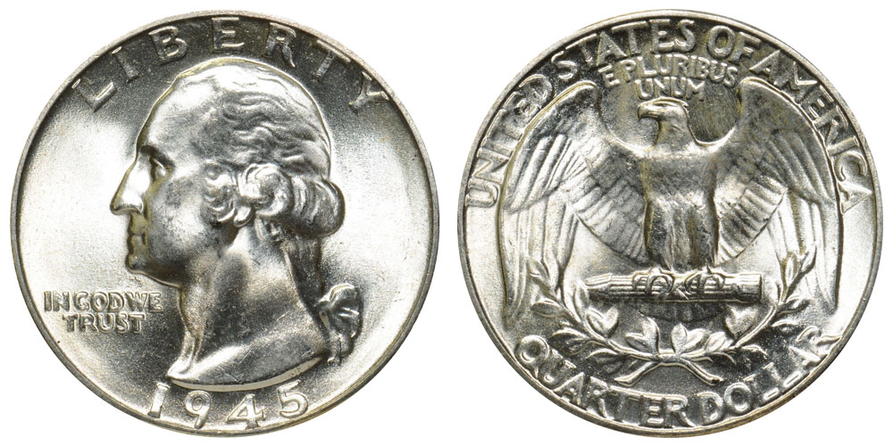 Group of 1945 Washington Quarters from all three mint marks — Philadelphia no mint mark, Denver D, and San Francisco S — arranged for comparison