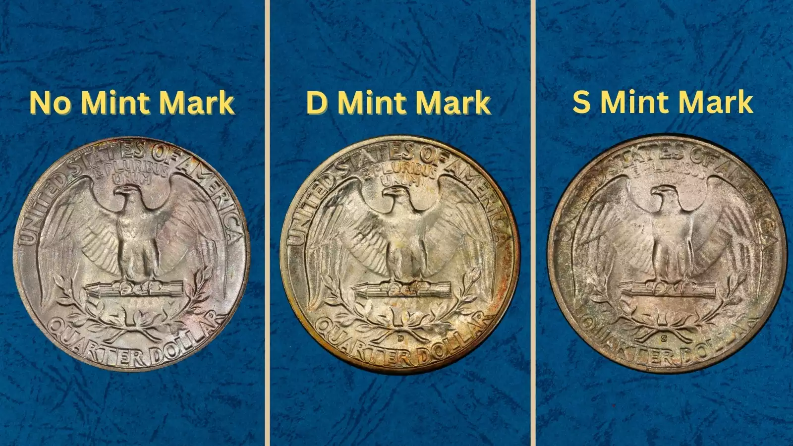 1945 Washington Quarter grading strip showing four condition tiers from worn Good grade on the left to superb Gem MS-67 on the right